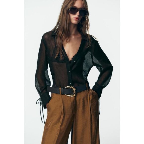 ZARA WIDE SATIN TROUSERS WITH BELT - Picture 4 of 8